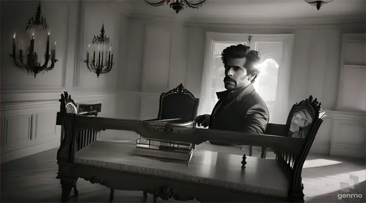 Vikram traversing a grand, haunted mansion - furniture and objects suspended eerily in mid-air, casting elongated shadows on features of the house.