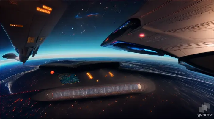 A spaceship in orbit, cockpit view, futuristic, flying through space and stars