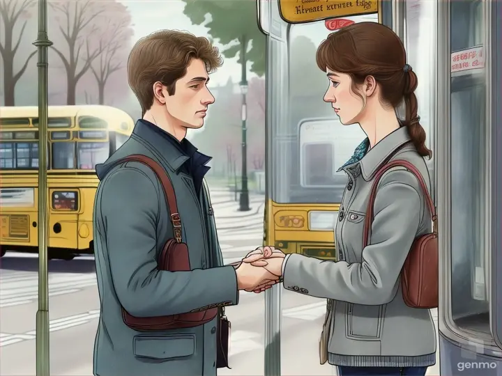 An illustration showing the two individuals standing at the bus stop, with the bus approaching in the background. Their expressions convey a mixture of reluctance and determination as they exchange a silent understanding that their encounter was special. One of them reaches out to gently touch the other's hand, silently conveying the desire to meet again.