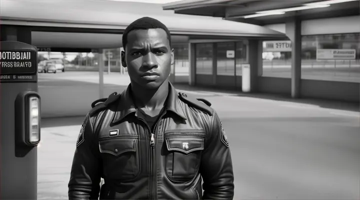 black policeman, robust, very short hair, sad at the bus station, Brazil, realistic