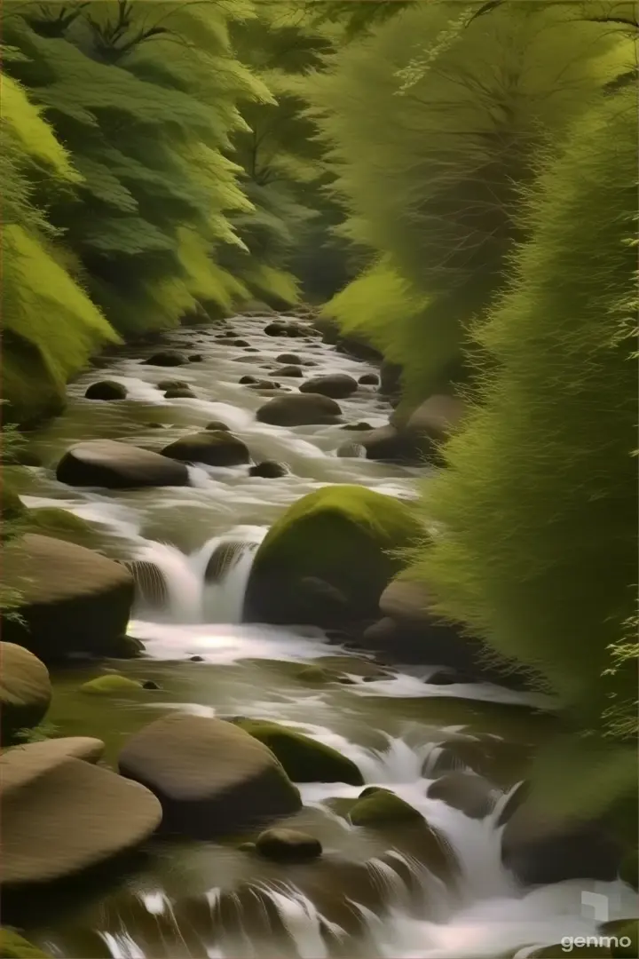 a stream running through a lush green forest