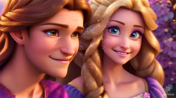 Flynn is in Rapunzel's room. he is gazing Rapunzel with enlarged eyes and smile on his face , Rapunzel is also gazing Flynn with both surprise and smile.