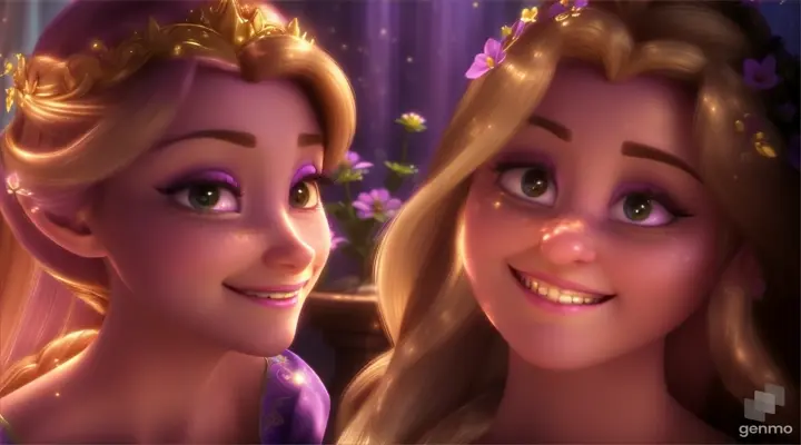 Flynn is in Rapunzel's room. he is gazing Rapunzel with enlarged eyes and smile on his face , Rapunzel is also gazing Flynn with both surprise and smile. they both are looking at each other