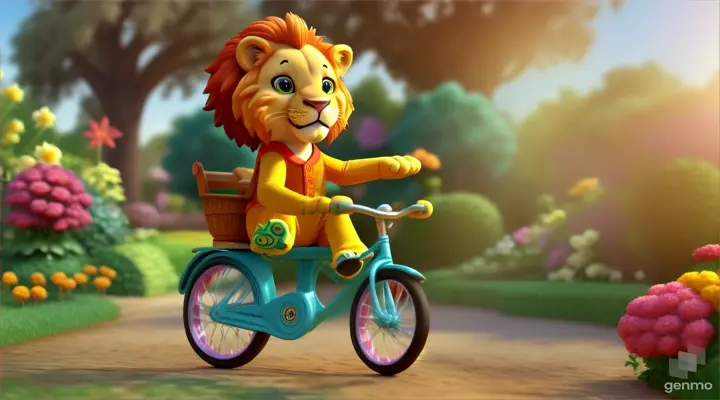 3d cartoon baby   lion drive cycle in  garden 