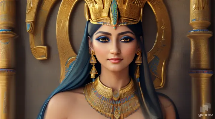 "This is an image inspired by ancient Egyptian culture, surrounded by a serene and mystical environment. The character has long, flowing white skin adorned big blue eye smile a little with flowers and wears intricate golden jewelry featuring a beautiful young woman in traditional attire standing inside a room decorated with unique symbols and architecture of Egypt. She smiles happily, wearing a golden crown with intricate designs, and her face is obscured by a beige rectangle. The walls are adorned with various Egyptian symbols and hieroglyphs, giving the image a historical and cultural atmosphere. Additionally, there is a door or window that opens to reveal the pyramids under a clear sky, creating a connection between the interior and the significant sites of ancient Egypt outside. To the right, there is a statue of an animal resembling a lion wearing an Egyptian crown similar to those worn by pharaohs, and the ceiling is decorated with colorful art and patterns characteristic of ancient Egyptian art." horizontal image