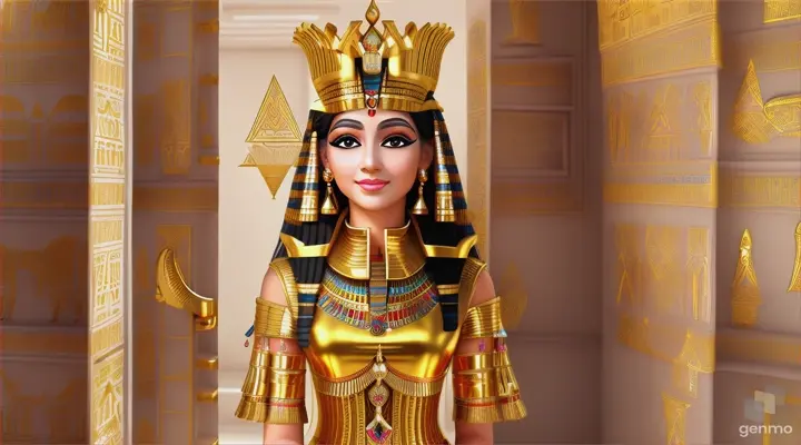 "This is an image inspired by ancient Egyptian culture, surrounded by a serene and mystical environment. The character has long, flowing white skin adorned big blue eye smile a little with flowers and wears intricate golden jewelry featuring a beautiful young woman in traditional attire standing inside a room decorated with unique symbols and architecture of Egypt. She smiles happily, wearing a golden crown with intricate designs, and her face is obscured by a beige rectangle. The walls are adorned with various Egyptian symbols and hieroglyphs, giving the image a historical and cultural atmosphere. Additionally, there is a door or window that opens to reveal the pyramids under a clear sky, creating a connection between the interior and the significant sites of ancient Egypt outside. To the right, there is a statue of an animal resembling a lion wearing an Egyptian crown similar to those worn by pharaohs, and the ceiling is decorated with colorful art and patterns characteristic of ancient Egyptian art." horizontal image