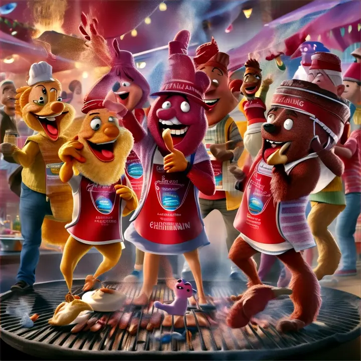 a group of cartoon characters cooking on a grill