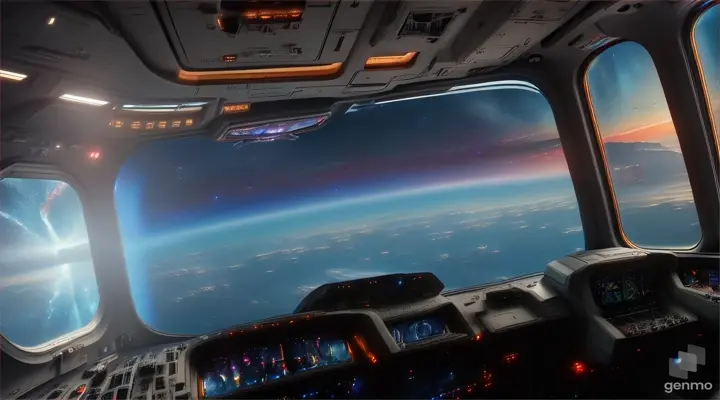 Spaceship flying through stellar space, view from large pilot's cabin, dashboard, monitors, pilots sitting in chairs, cinematic lighting, dramatic lighting,cinestill, 8k, hdr, high-resolution