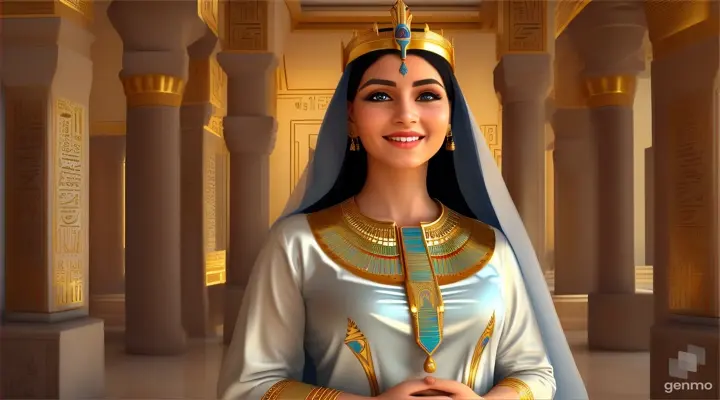 "This is an image inspired by ancient Egyptian culture, surrounded by a serene and mystical environment. The character has long, flowing white skin adorned big blue eye smile a little with flowers and wears intricate golden jewelry featuring a beautiful young woman in traditional attire standing inside a room decorated with unique symbols and architecture of Egypt. She smiles happily, wearing a golden crown with intricate designs, and her face is obscured by a beige rectangle. The walls are adorned with various Egyptian symbols and hieroglyphs, giving the image a historical and cultural atmosphere. Additionally, there is a door or window that opens to reveal the pyramids under a clear sky, creating a connection between the interior and the significant sites of ancient Egypt outside. To the right, there is a statue of an animal resembling a lion wearing an Egyptian crown similar to those worn by pharaohs, and the ceiling is decorated with colorful art and patterns characteristic of ancient Egyptian art." horizontal image