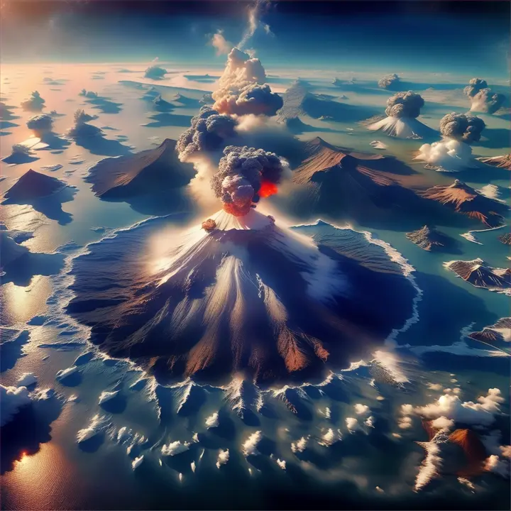 an aerial view of a volcano in the ocean