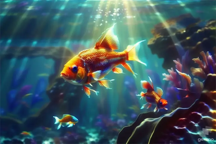 a goldfish swimming in a large aquarium