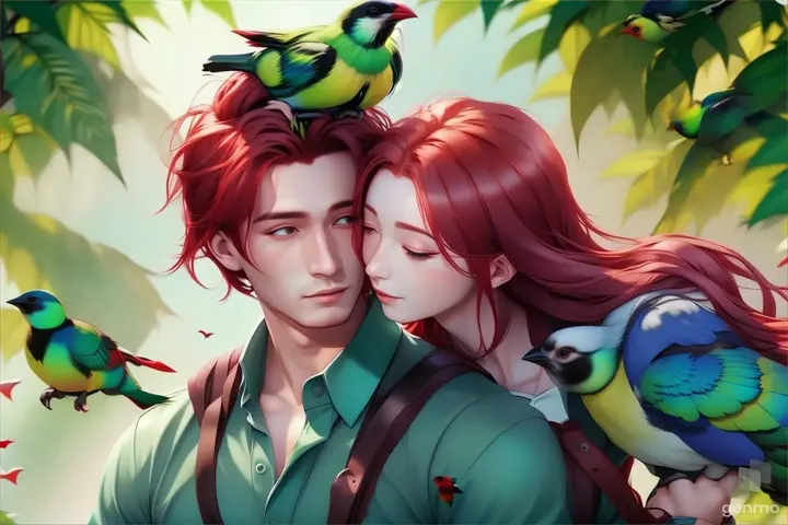 a man and a woman with red hair and birds on their shoulders