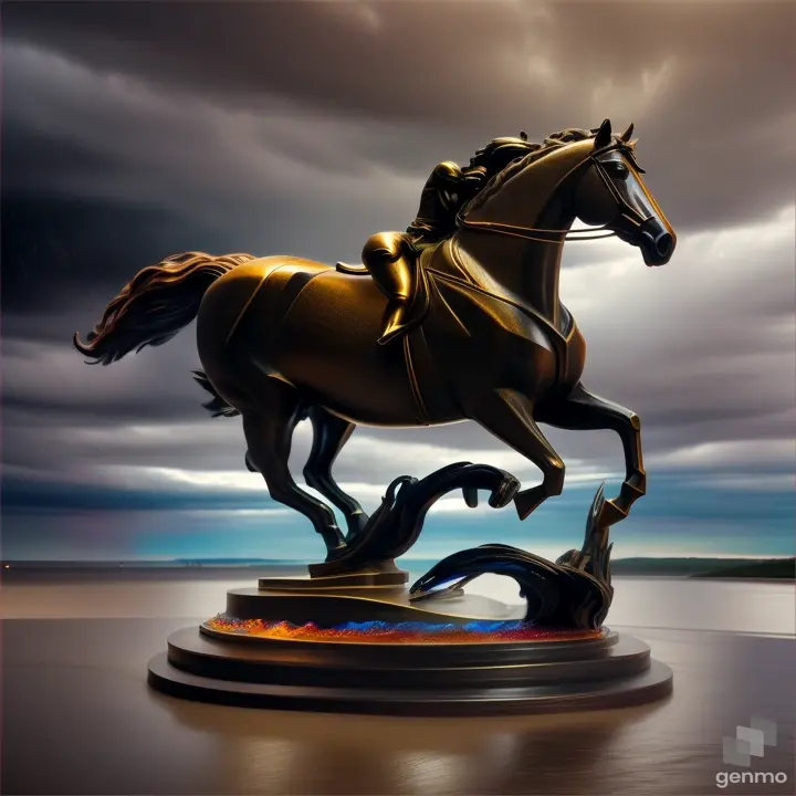 Spirited horse galloping through a storm, dynamic sculpture in bronze, capturing movement and emotion