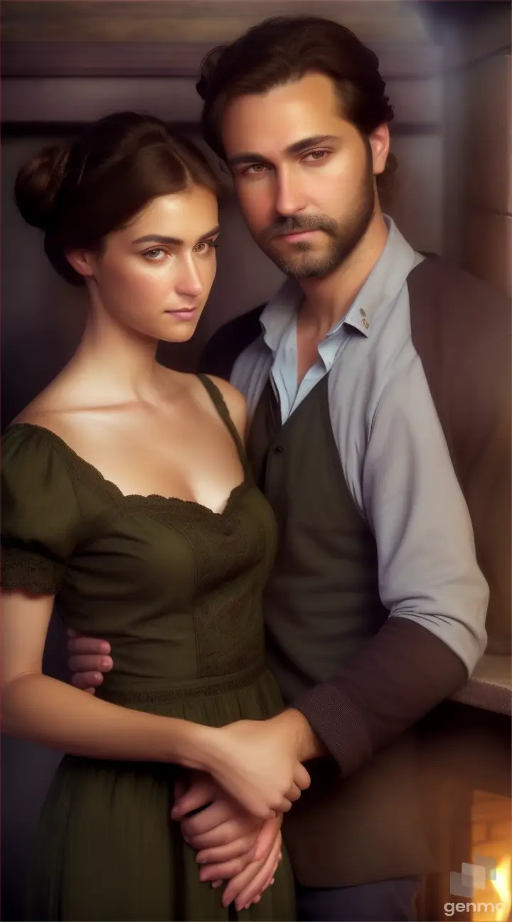 Tired dirty port man with dark brown eyes, neatly trimmed dark beard wearing dark green shirt, and Beautiful tired dirty intricate woman tall and slim with blue-gray eyes and golden-brown hair tied into a bun wearing dark purple dress warming their hands by a hearth in a tiny dirty poor cottage 