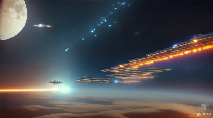 scif space fighters in a dogfight over a airless moon, fighters shooting, missiles flying, explosions, high realism, epic battle scene