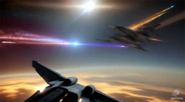 scif space fighters in a dogfight over a airless moon, fighters shooting, missiles flying, explosions, high realism, epic battle scene