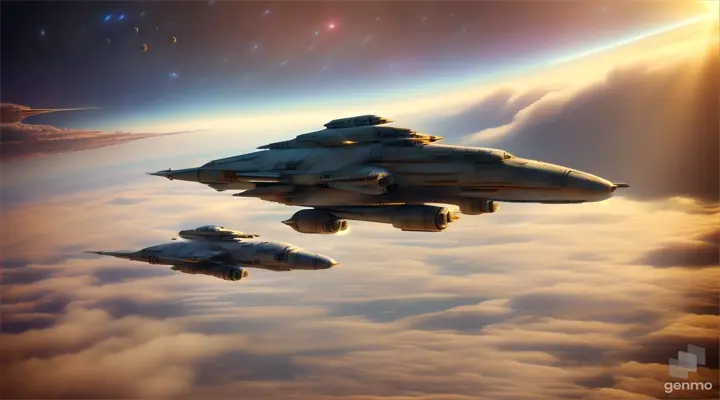 Aerial view of scifi space fighters in a dogfight over a unique planet's surface, epic battle scene with high realism and artistic hues