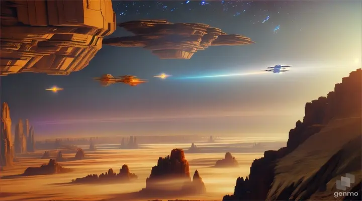 Aerial view of scifi space fighters in a dogfight over a unique planet's surface, epic battle scene with high realism and artistic hues