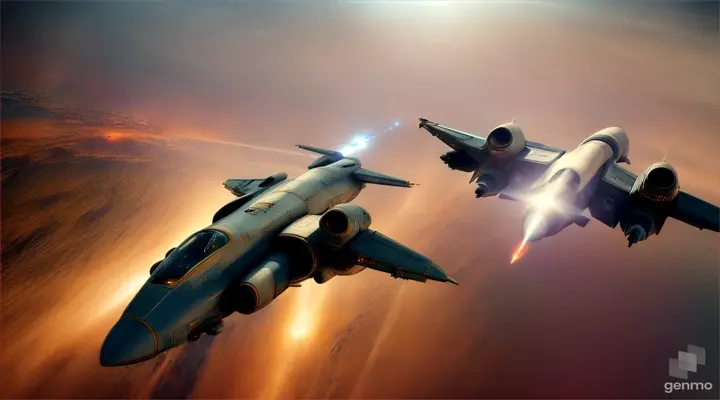 Aerial view of scifi space fighters in a dogfight over a unique planet's surface, epic battle scene with high realism and artistic hues
