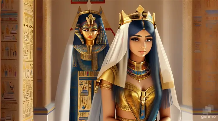 "This is an image inspired by ancient Egyptian culture, surrounded by a serene and mystical environment. The character has long, flowing white skin adorned big blue eye smile a little with flowers and wears intricate golden jewelry featuring a beautiful young woman in traditional attire standing inside a room decorated with unique symbols and architecture of Egypt. She smiles happily, wearing a golden crown with intricate designs, and her face is obscured by a beige rectangle. The walls are adorned with various Egyptian symbols and hieroglyphs, giving the image a historical and cultural atmosphere. Additionally, there is a door or window that opens to reveal the pyramids under a clear sky, creating a connection between the interior and the significant sites of ancient Egypt outside. To the right, there is a statue of an animal resembling a lion wearing an Egyptian crown similar to those worn by pharaohs, and the ceiling is decorated with colorful art and patterns characteristic of ancient Egyptian art." horizontal image