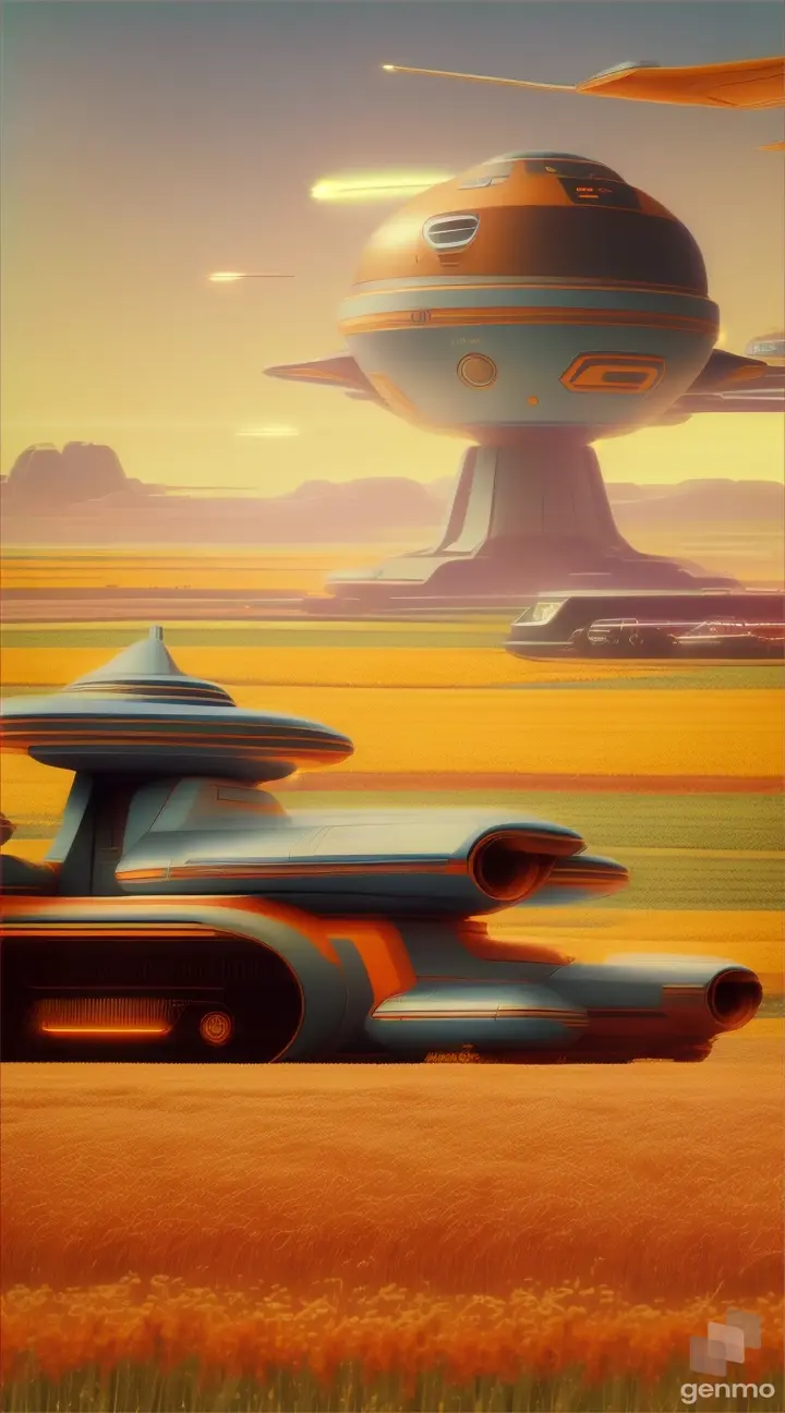 Retrofuturism, warm colours, combine harvester driving in rye field high in the sky starships can be seen, calm atmosphere, dreams of the future, Robert McCall, Retrofuturism 50`s 60`s, Space Retrofuturism; --ar 4:7 --q 5 --v 5.1