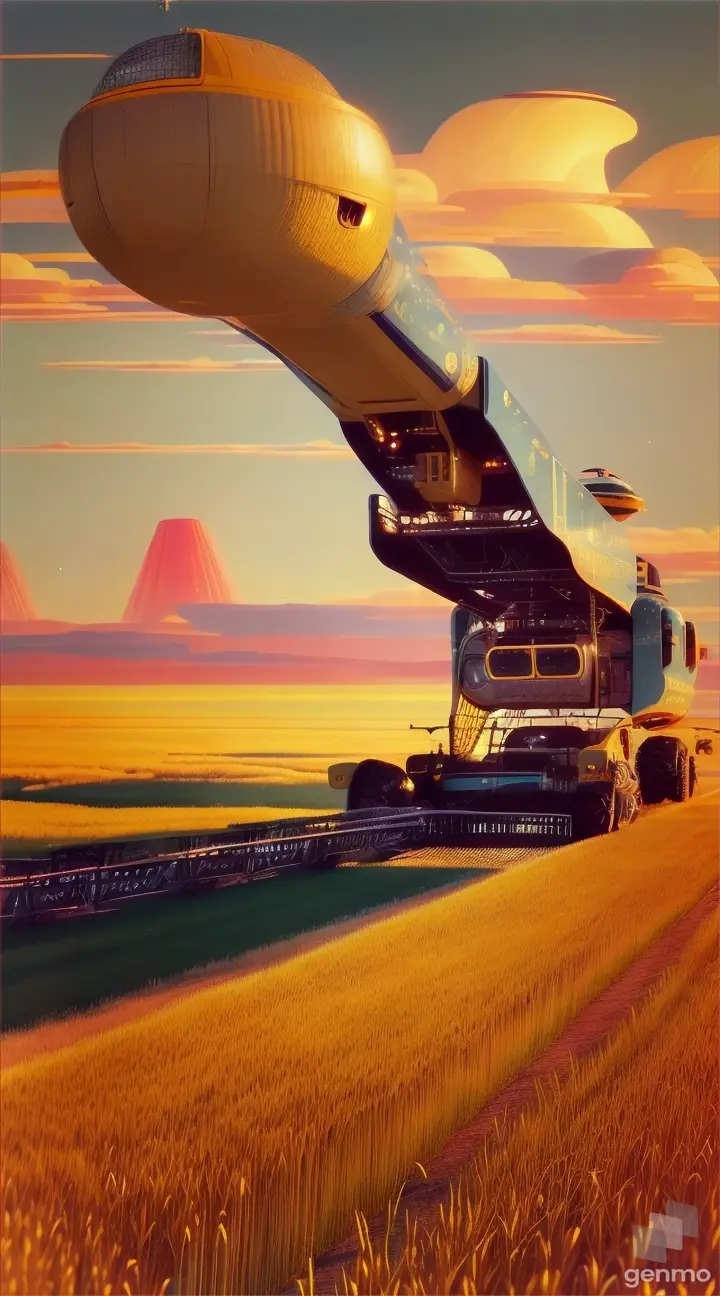 Retrofuturism, warm colours, combine harvester driving in rye field high in the sky starships can be seen, calm atmosphere, dreams of the future, Robert McCall, Retrofuturism 50`s 60`s, Space Retrofuturism; --ar 4:7 --q 5 --v 5.1