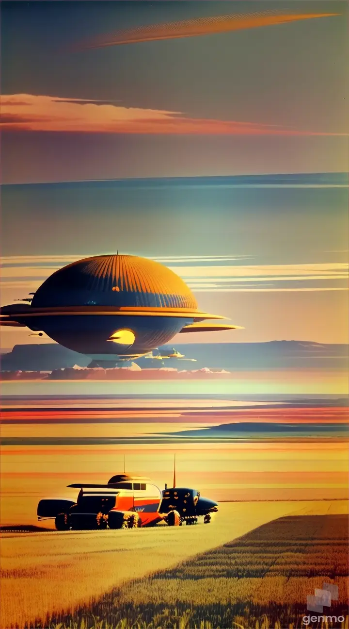 Retrofuturism, warm colours, combine harvester driving in rye field high in the sky starships can be seen, calm atmosphere, dreams of the future, Robert McCall, Retrofuturism 50`s 60`s, Space Retrofuturism; --ar 4:7 --q 5 --v 5.1