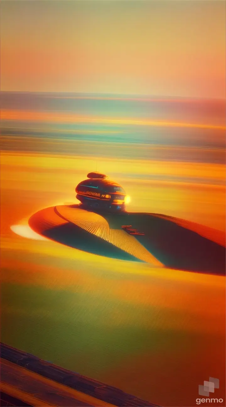 Retrofuturism, warm colours, combine harvester driving in rye field high in the sky starships can be seen, calm atmosphere, dreams of the future, Robert McCall, Retrofuturism 50`s 60`s, Space Retrofuturism; --ar 4:7 --q 5 --v 5.1