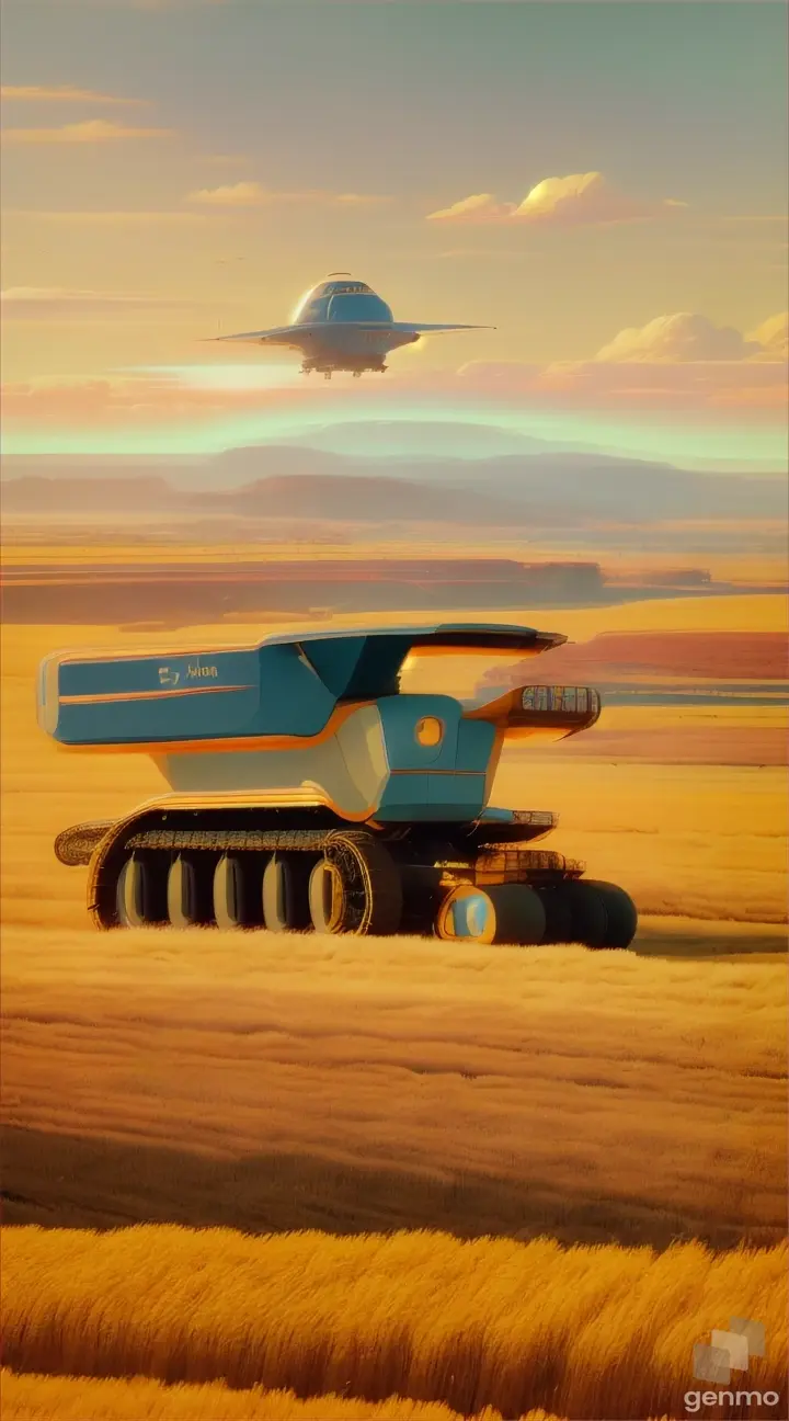 Retrofuturism, warm colours, combine harvester driving in rye field high in the sky starships can be seen, calm atmosphere, dreams of the future, Robert McCall, Retrofuturism 50`s 60`s, Space Retrofuturism; --ar 4:7 --q 5 --v 5.1