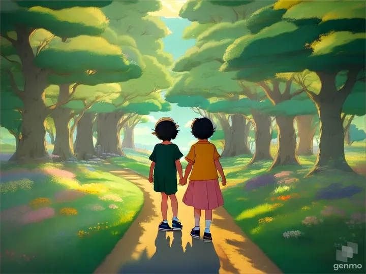 Studio Ghibli-style illustration featuring a heartwarming scene of children or young characters embarking on a magical journey, with a colorful backdrop of nature and a touch of mystery, capturing the essence of innocence and discovery. flat, 2d, old anime style