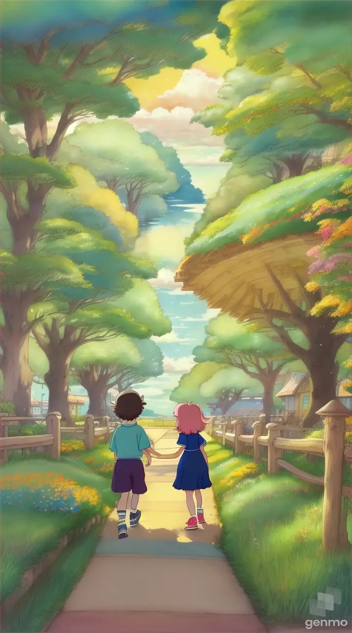 Studio Ghibli-style illustration featuring a heartwarming scene of children or young characters embarking on a magical journey, with a colorful backdrop of nature and a touch of mystery, capturing the essence of innocence and discovery. flat, 2d, old anime style 9:16