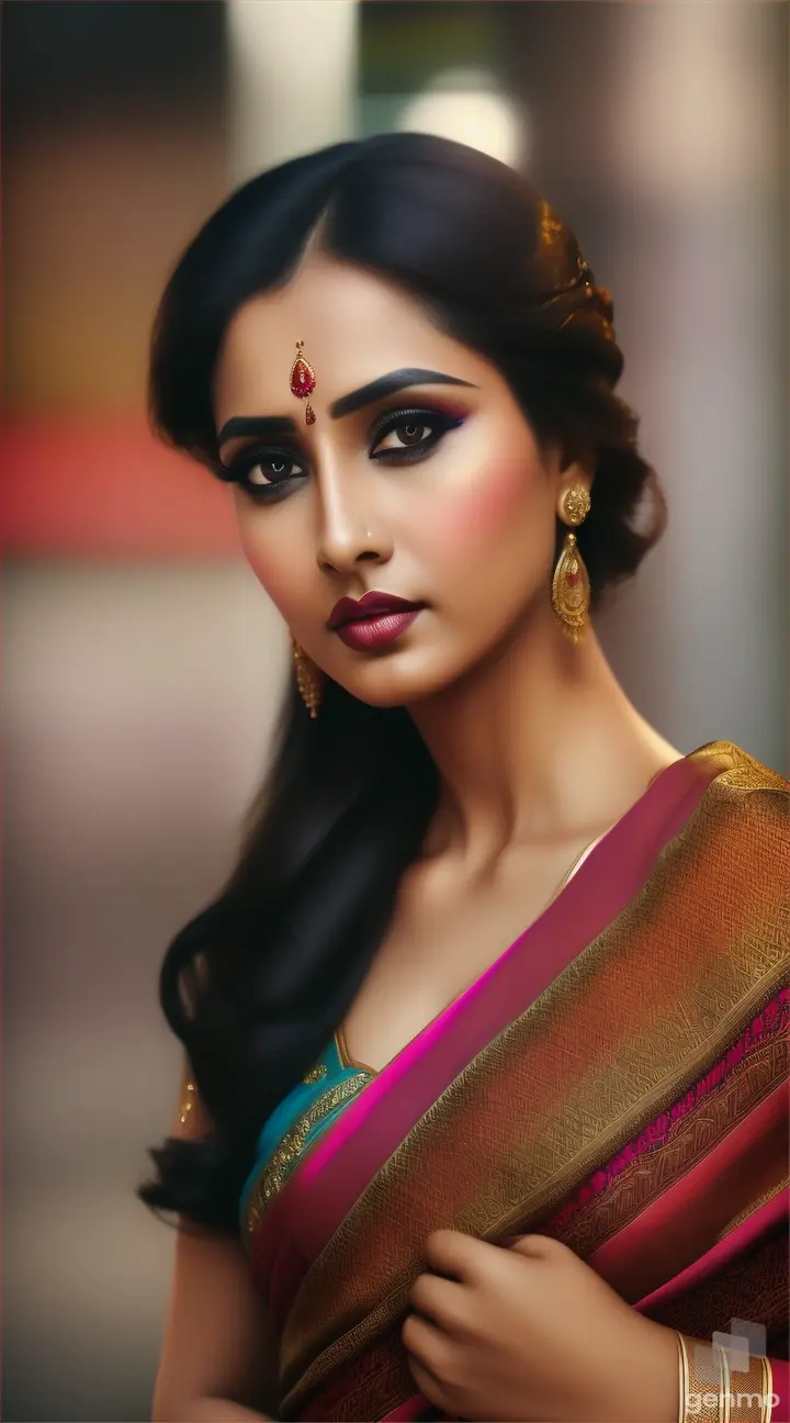 Beautiful woman, seriousness expressions, wearing models saree with Blouse