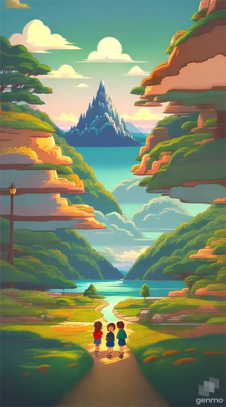 Studio Ghibli-style illustration featuring a heartwarming scene of children or young characters embarking on a magical journey, with a colorful backdrop of nature and a touch of mystery, capturing the essence of innocence and discovery. flat, 2d, old anime style 9:16
