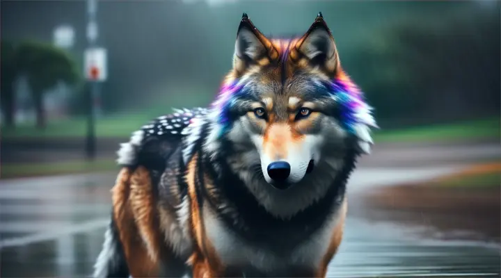 wolf in the rain, rainbow fur