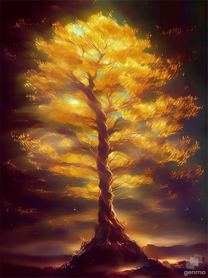 a painting of a tree in the middle of the night