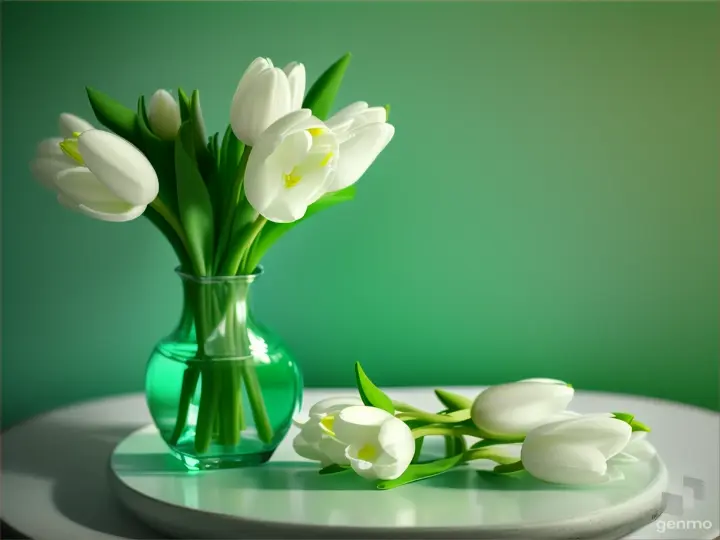 white tulips in green glass vase on green background แนวนอน