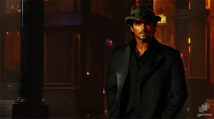 A man in a fedora standing on a gritty, rain-soaked street corner, with a vintage noir aesthetic and dramatic reflections on the pavement