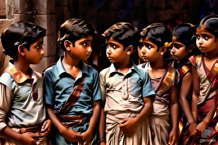 Amidst the tranquil atmosphere of the ashram, a sense of tension lingers as the boy's words hang in the air, challenging the norms and expectations of the traditional setting.16:9