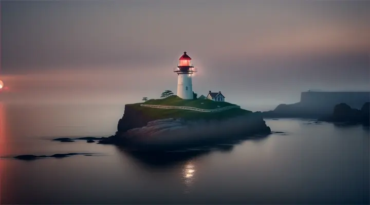 Small lighthouse atop rocky cliff at full moon, mist rising from the sea