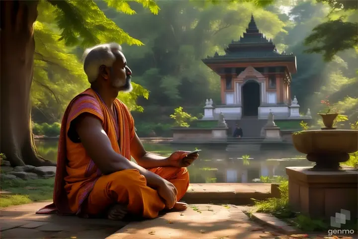 a man sitting on the ground in front of a pond