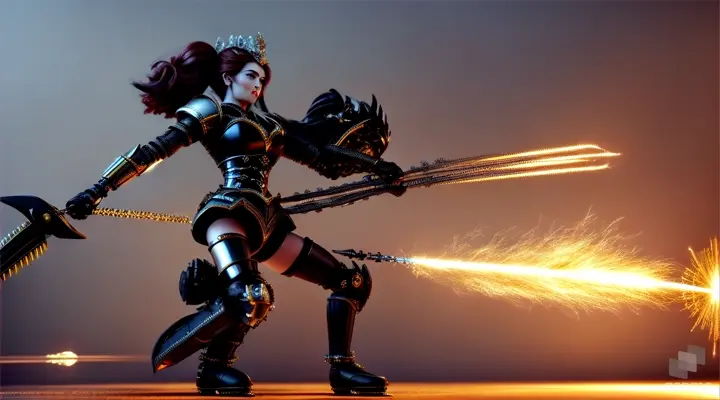 iron witch,side pose her entire body made of metal, sports metallic hair. Her appearance resembles that of Marvel's Scarlet Witch, wears her diadem with rivets on her legs. She carries blades, with eyes cloudy eyes like a zombie's and a mouth forged with metal. She performs a spell with her hands, while a metal ball with rivets flies next to her in digital 3D and volume. Her enraged face screams, everything about her is iron, in metallic gray, jumping in a side view.fighting against Queen of Hearts woman whole body in profile , short white hair. She wears a golden bodice, golden boots and gloves.dark blue turtleneck clothing of epoch sleeves and pants.Jack-of-the-heart blue clothing ,boots musketeer. In jump attack pose, angry expression and shout .face is half and half, blue and human skin tone and the rest of body It is normal , 3D digital style."