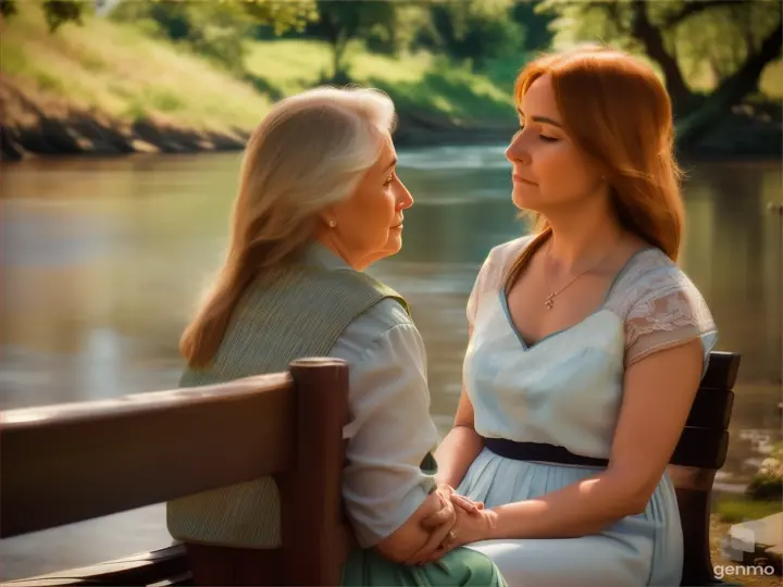 Woman seating on bench with her mother near the river