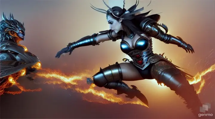 iron witch,side pose her entire body made of metal, sports metallic hair. Witch, wears her diadem with rivets on her legs. She carries blades, with eyes cloudy eyes like a zombie's and a mouth forged with metal. She performs a spell with her hands, while a metal ball with rivets flies next . Her enraged face screams, everything about her is iron, in metallic gray, jumping in a side view.fighting against Queen of Hearts woman whole body in profile , short white hair. She wears a golden bodice, golden boots and gloves.dark blue turtleneck clothing of epoch sleeves and pants.Jack-of-the-heart blue clothing ,boots musketeer. In jump attack pose, angry expression and shout .face is half and half, blue and human skin tone and the rest of body It is normal , Boris Vallejo style."# Parámetros iniciales
posicion_inicial = 0
posicion_final = 100
escala_inicial = 1
escala_final = 2
tiempo_total = 10 # Duración total de la animación en segundos
# Simular animación en pasos de tiempo
for tiempo_transcurrido in range(tiempo_total + 1):
# Calcular posición actual
posicion_actual = posicion_inicial + (posicion_final - posicion_inicial) * (tiempo_transcurrido / tiempo_total)
# Calcular escala actual
escala_actual = escala_inicial + (escala_final - escala_inicial) * (tiempo_transcurrido / tiempo_total)
# Imprimir posición y escala actual
print("Tiempo:", tiempo_transcurrido, "Posición:", posicion_actual, "Escala:", escala_actual)