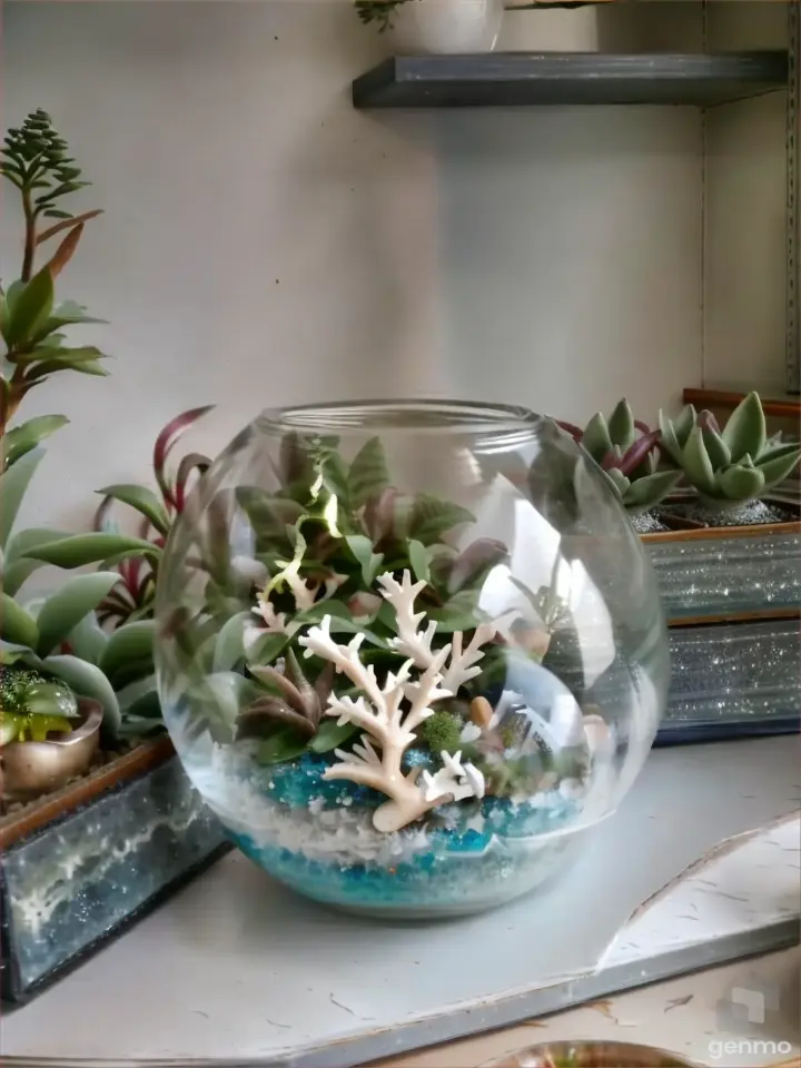 a glass bowl filled with sea shells and plants