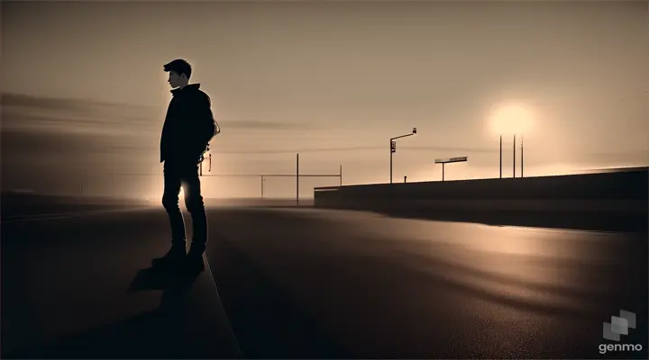  A silhouette of a young man standing alone on a deserted platform, with a sense of foreboding in the air