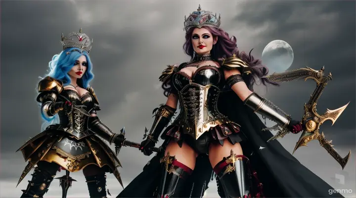 The Iron Witch, with her entire body made of metal, metallic hair, diadem with rivets, cloudy eyes, mouth forged in metal, wielding blades, casting a spell with her hands, metal ball. Her face is also made of metal. The Queen of Hearts, profiled body, golden bodice, boots and gloves, short white hair, dark blue epoch attire, Jack-of-the-heart blue clothing, musketeer boots. Locked in battle. The battle is a very desolate wasteland full of mirrors from which faceless metal creatures emerge with a metal castle in the background in the distance and rivers of lava, all very swords and sorcery In the style of Boris Vallejo.