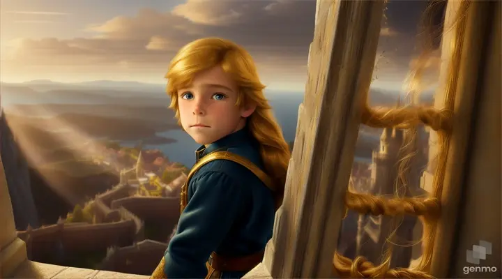 A handsome boy named 'Flynn  pulling himself higher and higher, climbing the long tower using Rapunzel's golden hair until at last he climbed through the window.