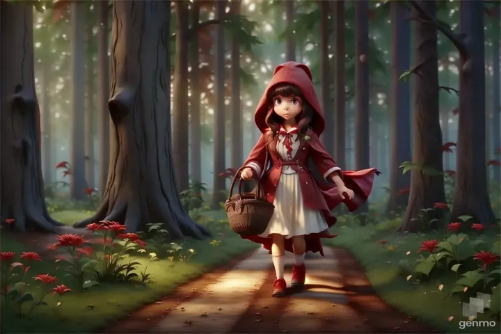 a little red riding in the woods with a basket