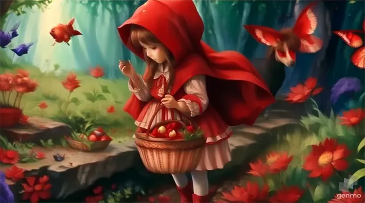 a painting of a little red riding on the back of a horse