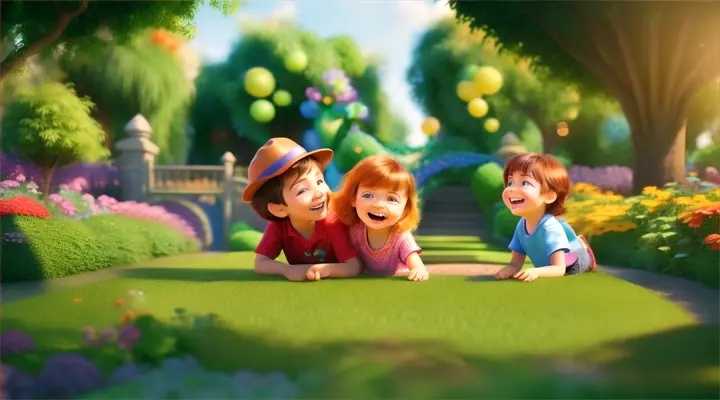 3d Pixar animation of children giggling in a  beautiful garden